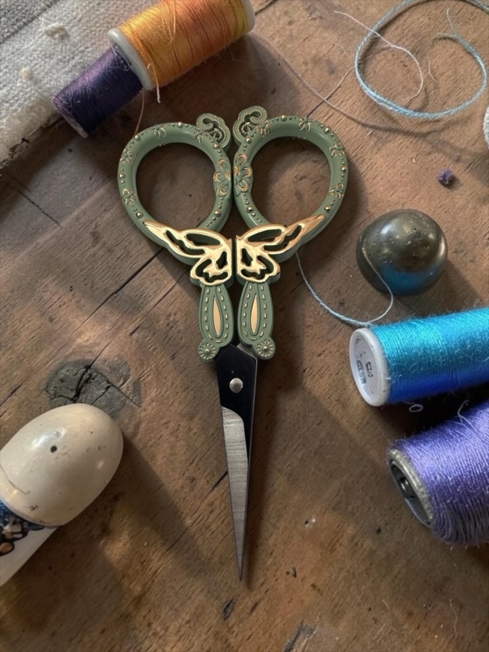 Decorative Embroidery Scissors Butterfly Design Sage Green Gold Tone